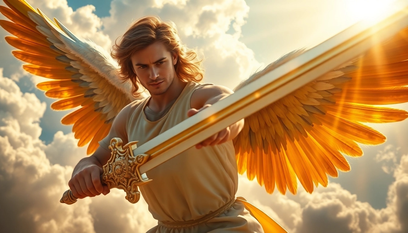 Erzengel Michael kämpft mit einer leuchtenden Klinge im Himmel über einer dramatischen Wolkenlandschaft.