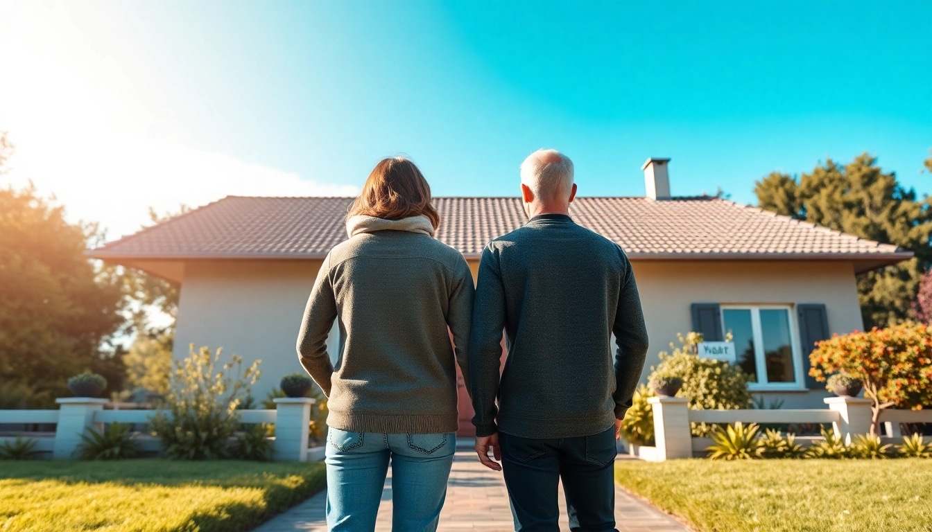 Glückliches Paar zeigt stolz ihr neues Zuhause im Rahmen des Hauskaufs.