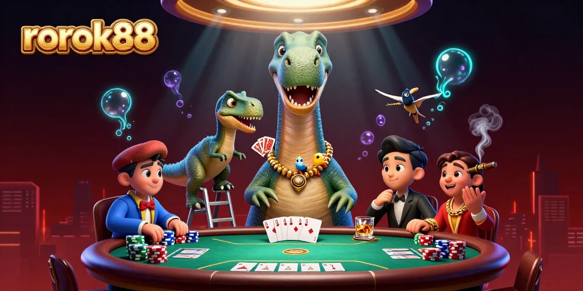 rokok88 showcases an animated scene of a dinosaur at a casino table dealing cards.