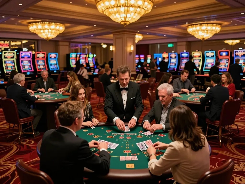 Players engaging in blackjack at a vibrant casino floor while enjoying entertainment at https://va88.uno/