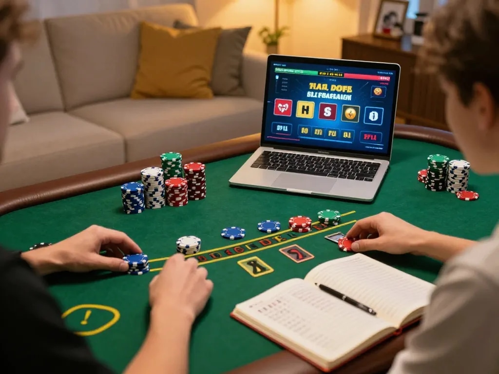 Player enjoying MK8 live blackjack game on laptop, showcasing strategic bets in a cozy home atmosphere.
