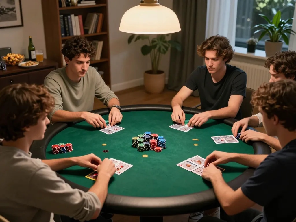 Engaging scene of friends enjoying a home poker game, showcasing the excitement of KI Detektor Bachelorarbeit.