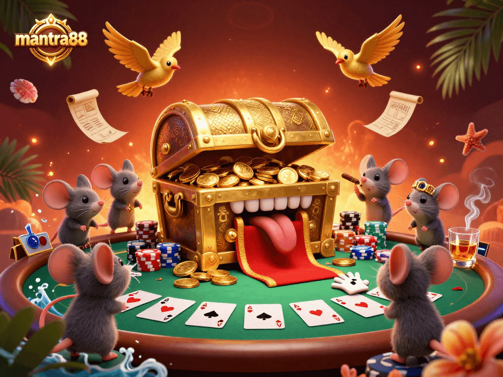 Engage with captivating mantra88 gaming action featuring a treasure chest luring adventurer mice amidst vibrant poker elements.