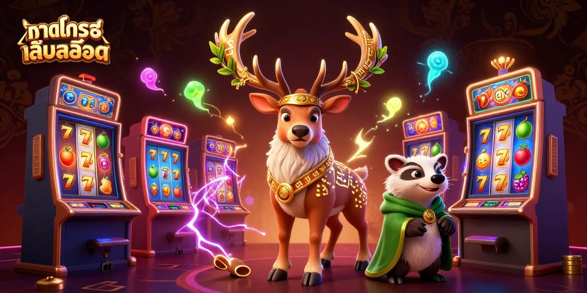 Engage in ทดลองเล่นสล็อต with a vibrant scene featuring a druid stag and badger amidst dynamic casino elements.