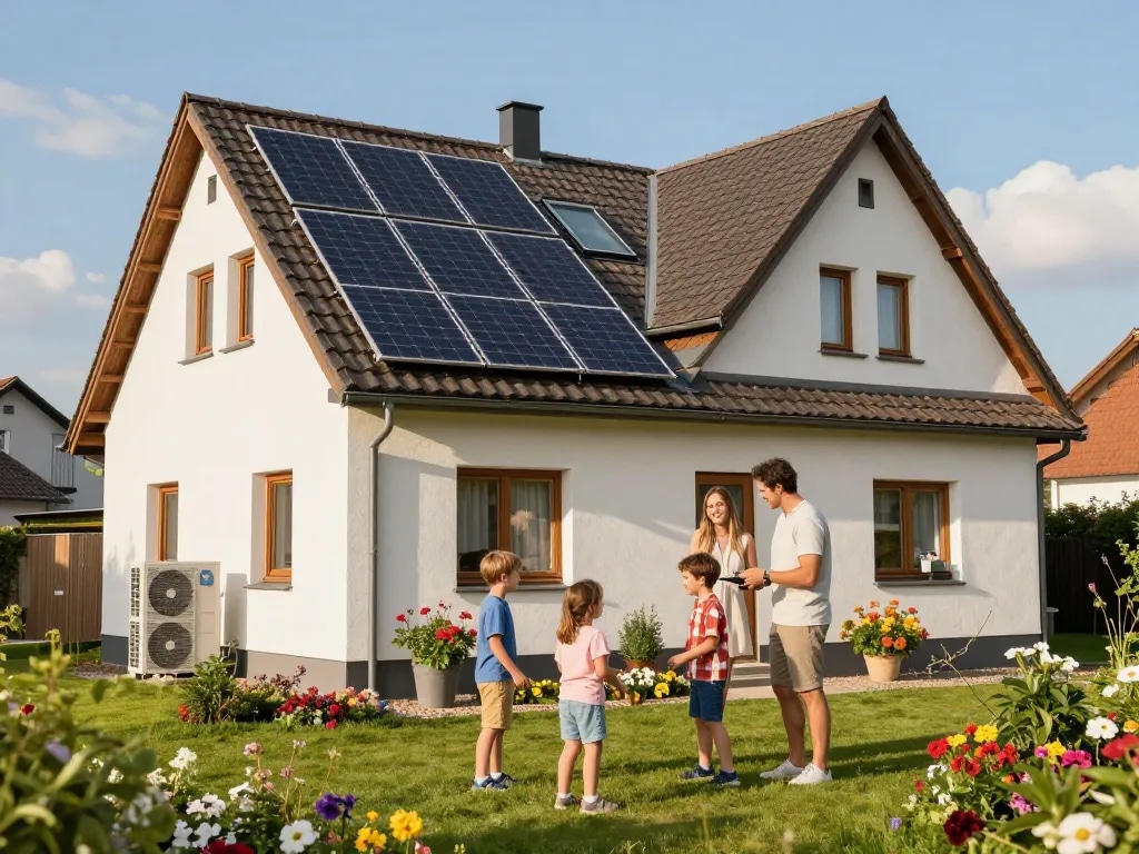 Photovoltaik Bayern - Familie erkundet Solarpanels auf einem sonnigen bayerischen Zuhause