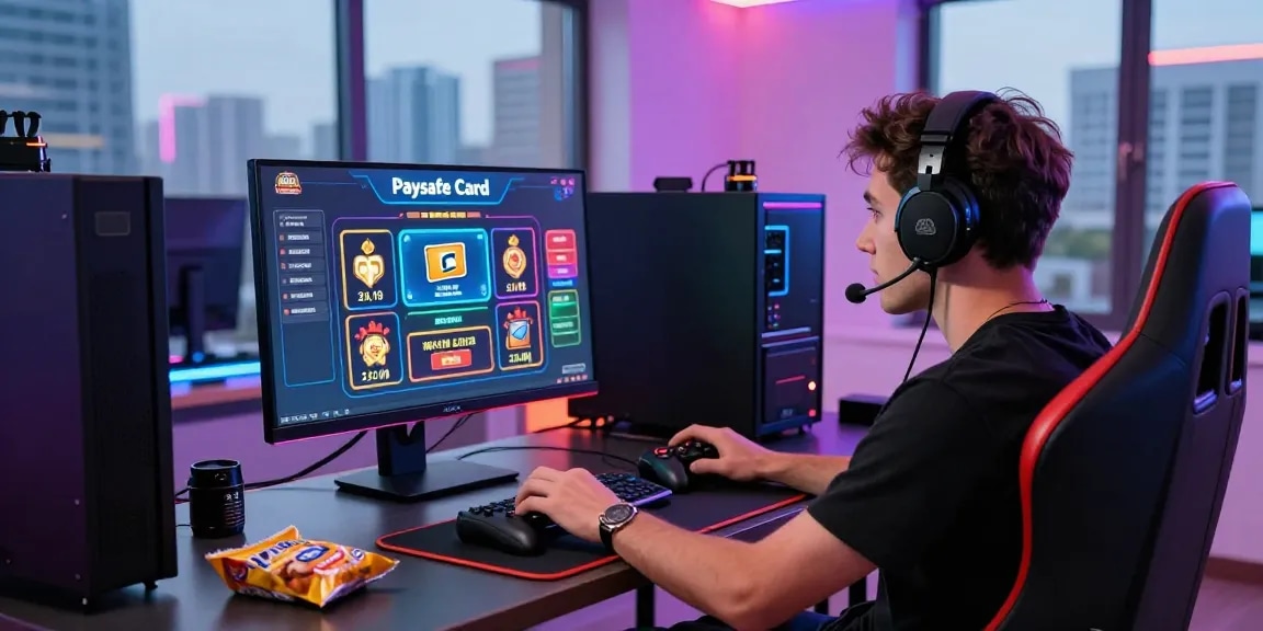 Spieler in ein aufregendes Paysafe Card Casino-Erlebnis in einer modernen Gaming-Umgebung vertieft.