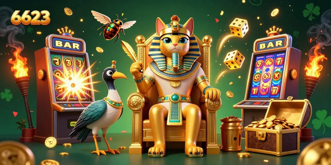 Engage in thrilling jackpots at 6623 with an Egyptian-themed casino illustration full of excitement.