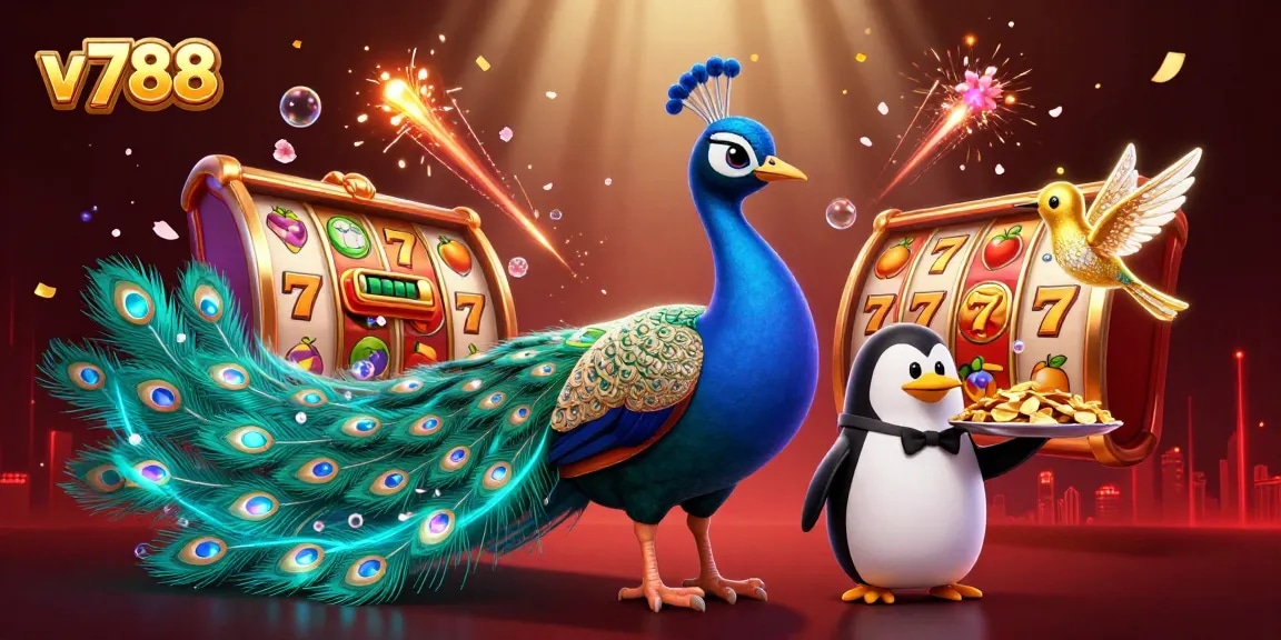 Spin the reels of v788's exciting slots with vibrant characters amidst a festive casino atmosphere.