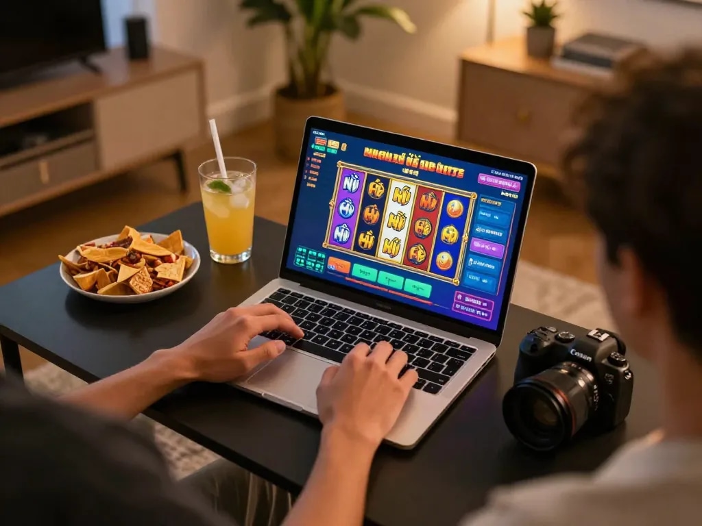 Engaging home scene as player spins nổ hũ slots on laptop, showcasing colorful game interface and cozy ambiance