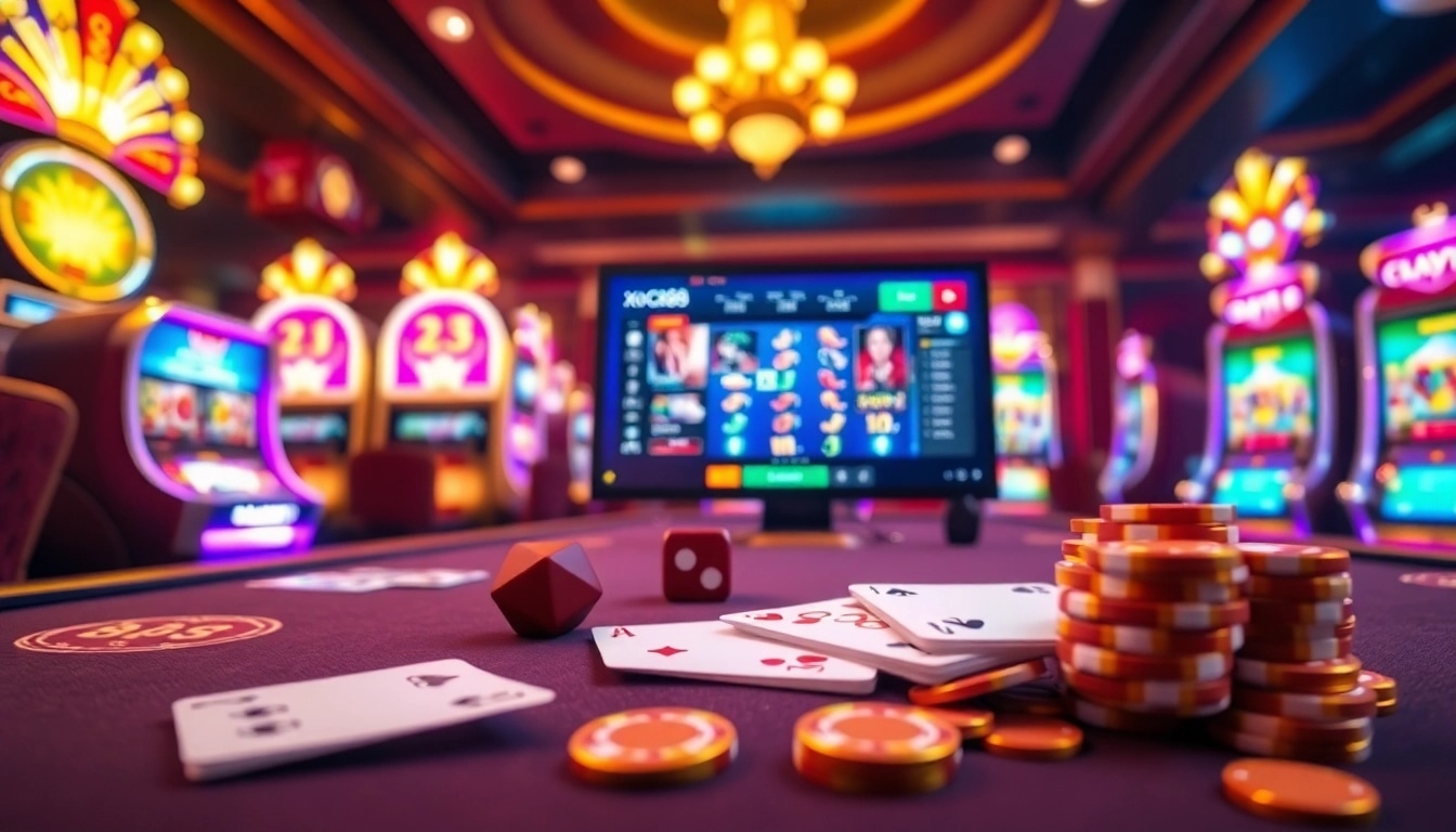 Xocdia88 casino scene with vibrant slot machines and poker table action.