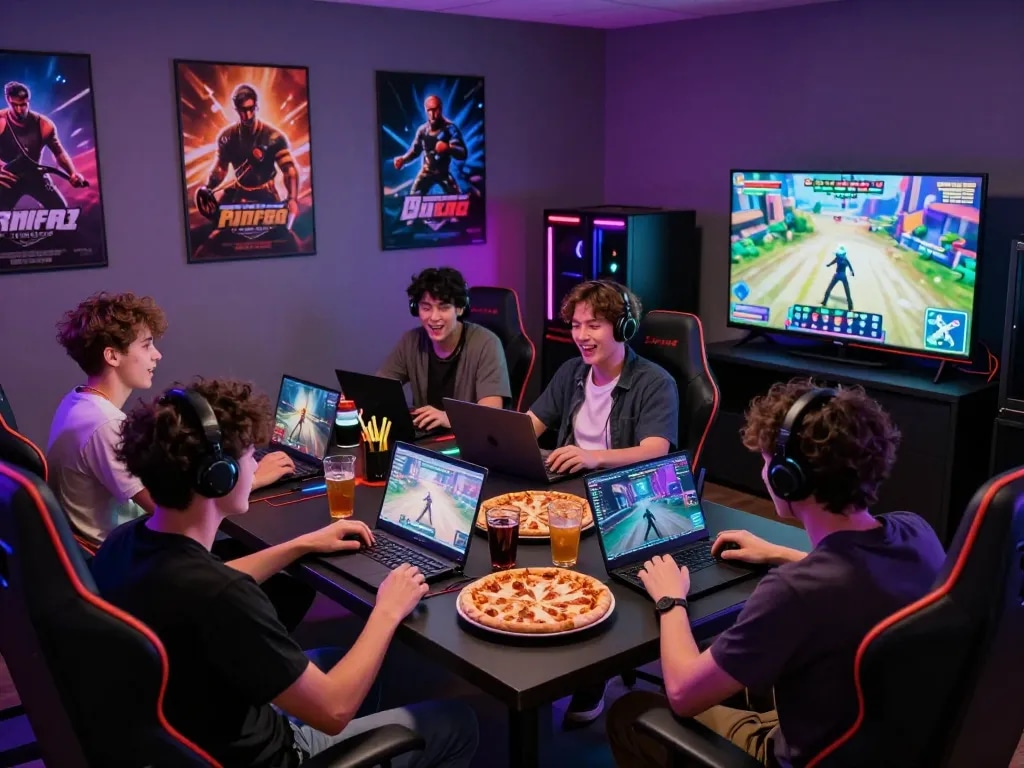 Group enjoying multiplayer porn ganes in a vibrant gaming lounge with colorful lights and laughter.