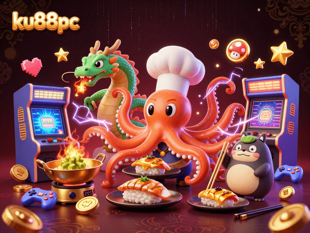 Immerse in the excitement of ku88pc with a vibrant 3D gaming scene featuring the octopus chef, dragon companion, and tanuki.
