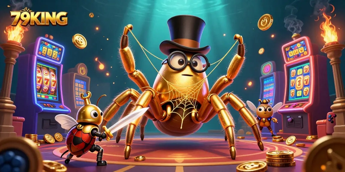 Engage with 79KING by exploring a dynamic casino scene with a golden tarantula and beetle knight.