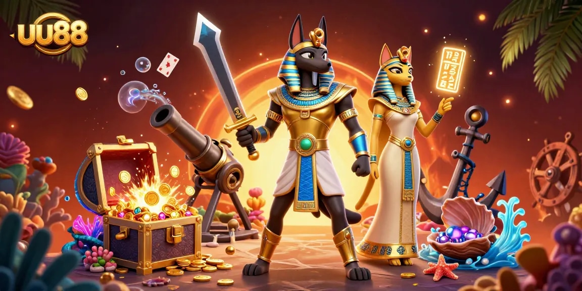 Unleash your luck at uu88 with Anubis and Bastet amid sparkling treasures.