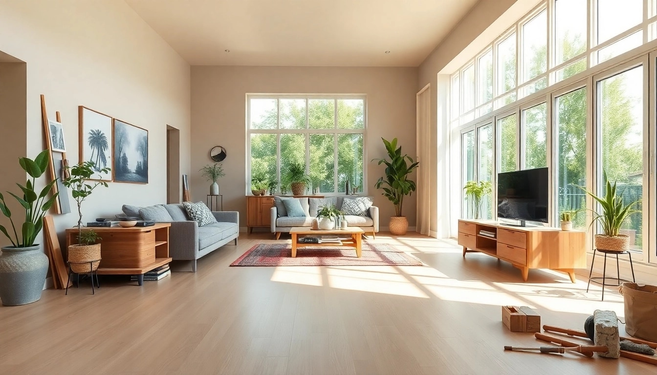 Inspirierende Renovierung eines Wohnzimmers mit modernen Akzenten und hellen Farben während der Hausrenovierung.