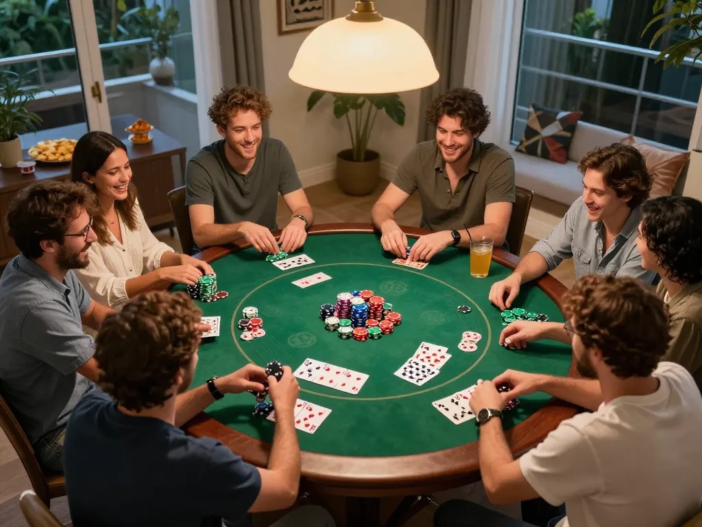 Friends enjoying a lively poker game at home, embracing the excitement of f168.