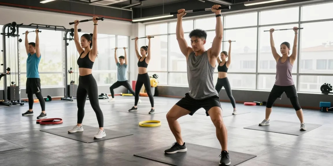 Training im Astera Shop mit Athleten in einem modernen Fitnessstudio, die Gewichte heben und Yoga praktizieren.