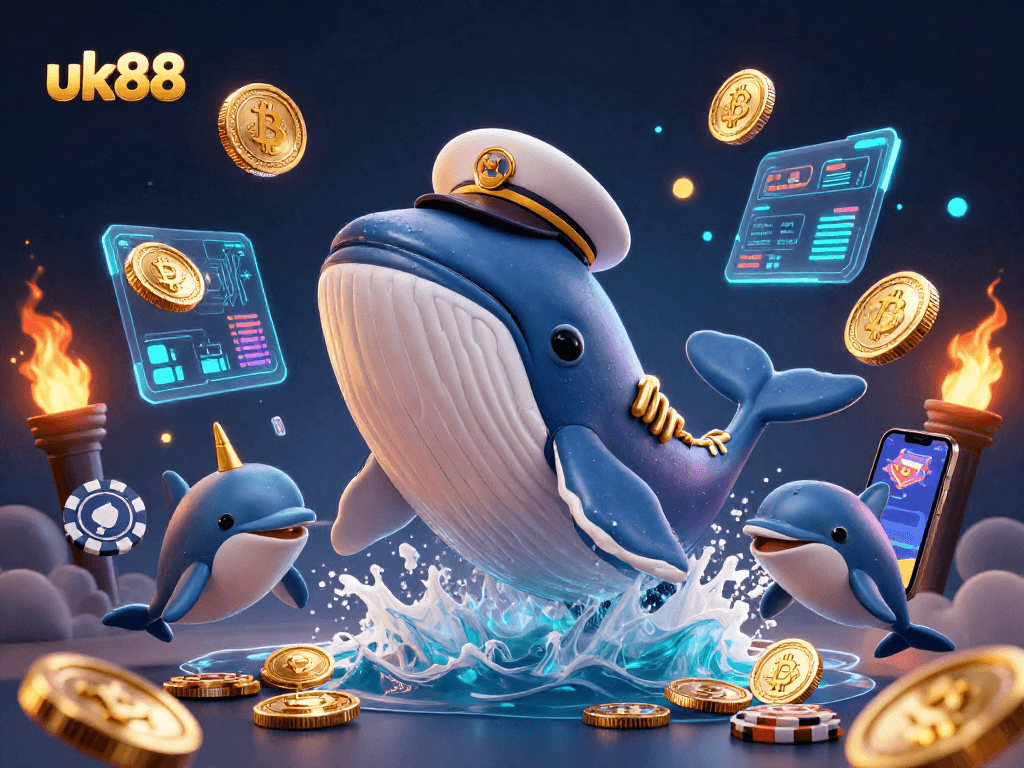 Experience the fun at uk88 where a massive whale and friends celebrate winning with coins.