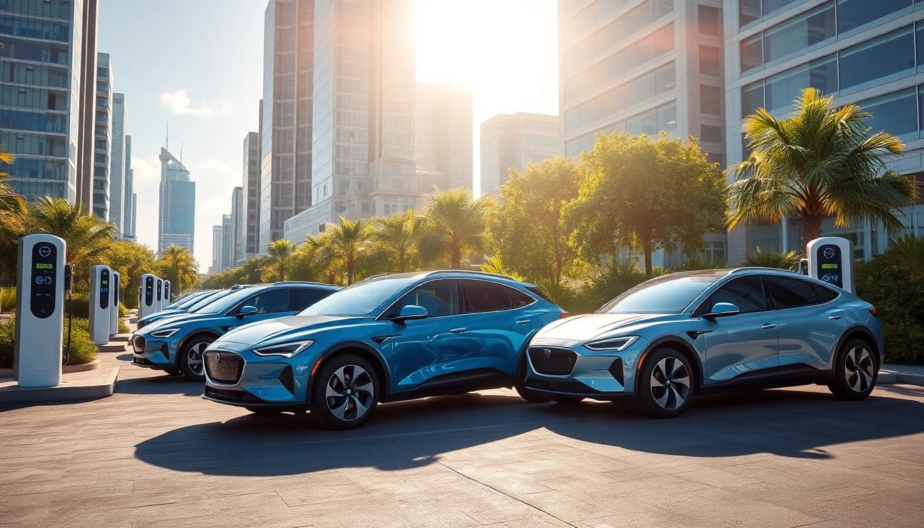 Elektroautos in einer futuristischen Stadt mit modernen Ladesäulen und strahlendem Licht.