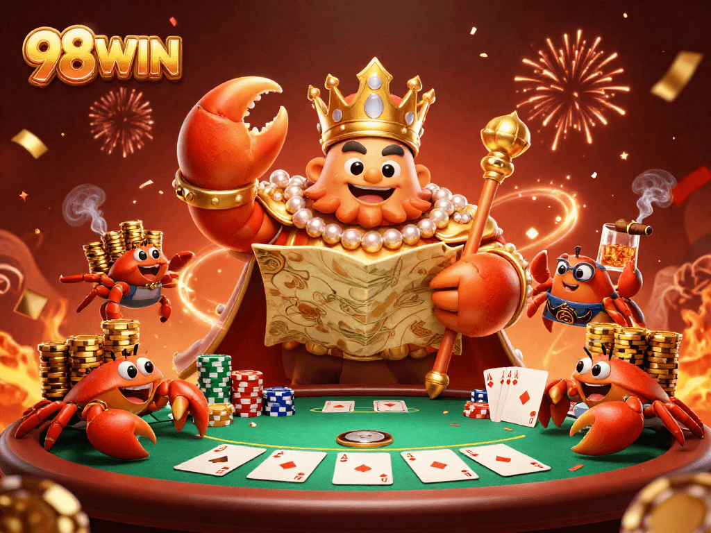 Experience the excitement of 98WIN with a festive poker scene featuring a crab emperor.
