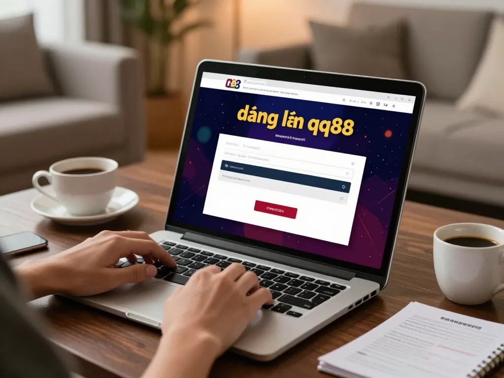Registering for đăng nhập qq88 on a laptop amidst strategic betting notes and warm lighting at home.