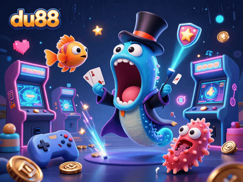 Experience du88's thrilling magic with a gulper eel performing card tricks surrounded by glowing gaming elements.