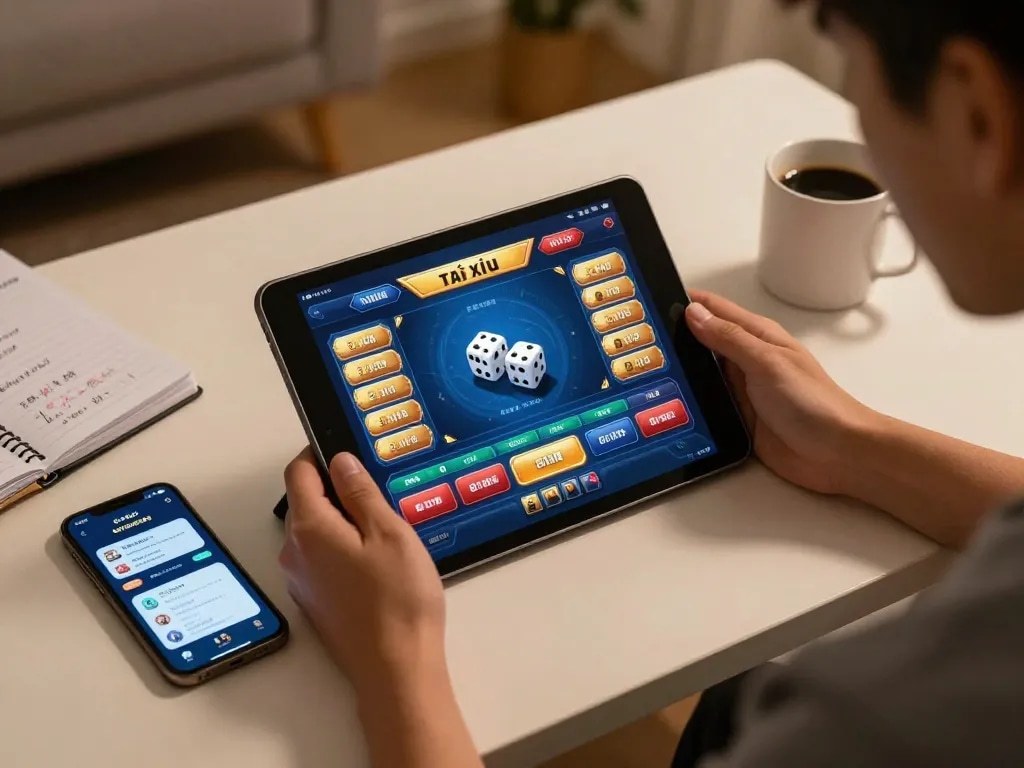 Engaged gambler using a tablet for app tài xỉu online uy tín with strategic notes nearby in a cozy setting.