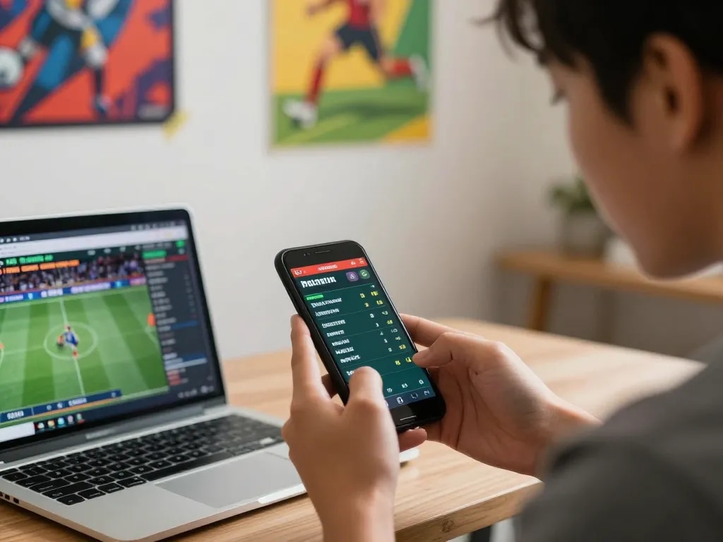Engaging in sports betting on 56WIN app from home environment, showcasing live odds and gameplay.