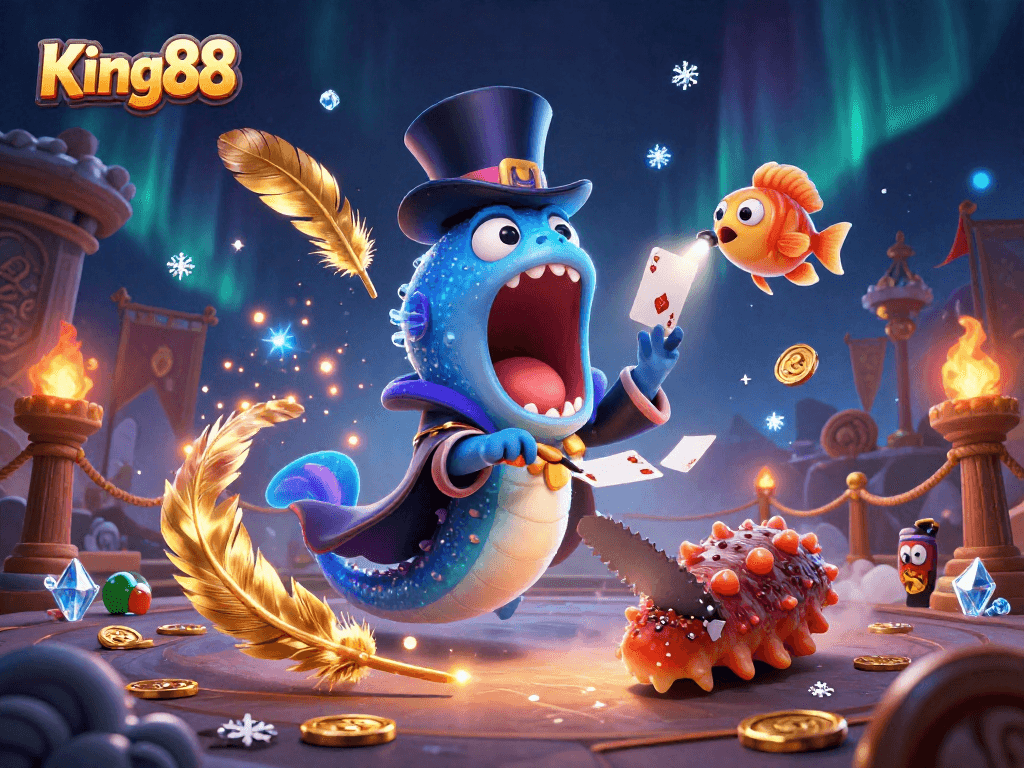 Experience King88's vibrant casino magic with bioluminescent characters in a thrilling 3D scene.