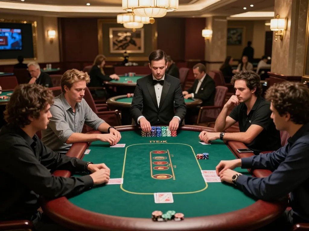 Go8 players strategizing their poker hands at premium tables in an upscale casino.