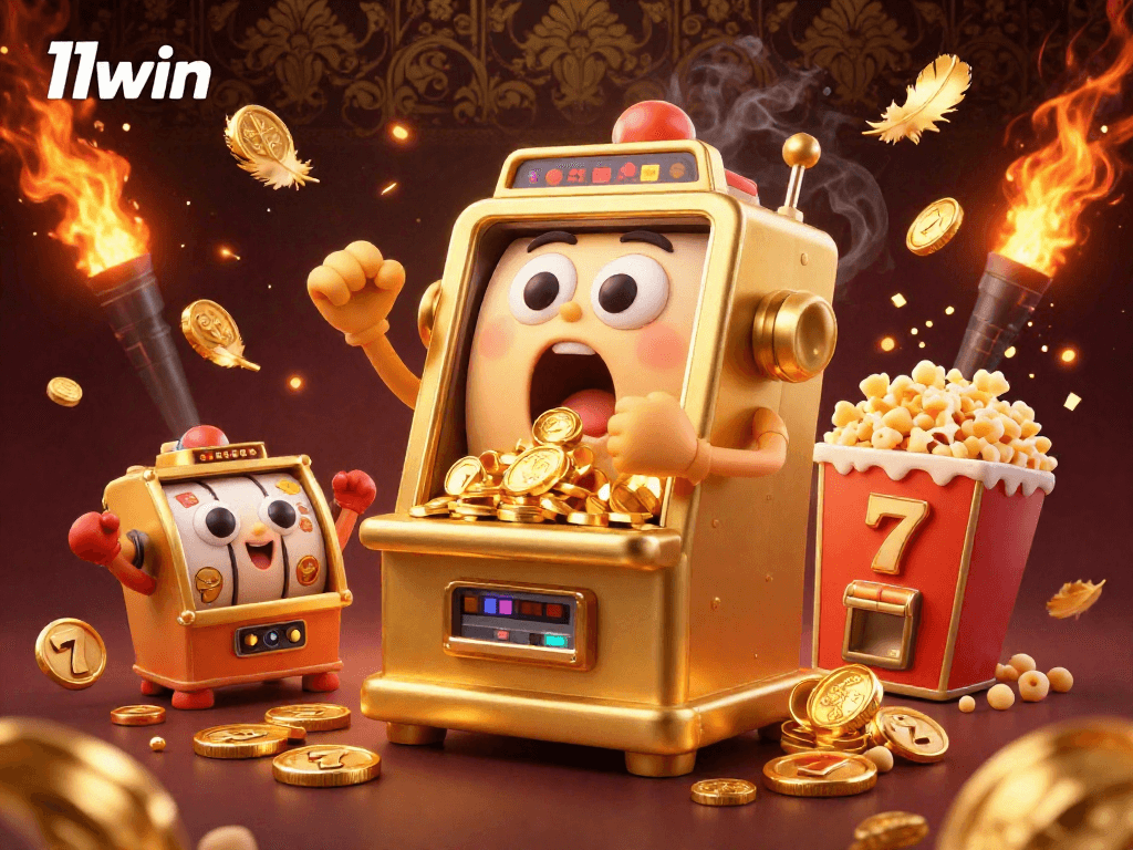 Experience the excitement of 11win as a golden slot machine hits a jackpot, surrounded by cheering mini slots and vibrant elements.