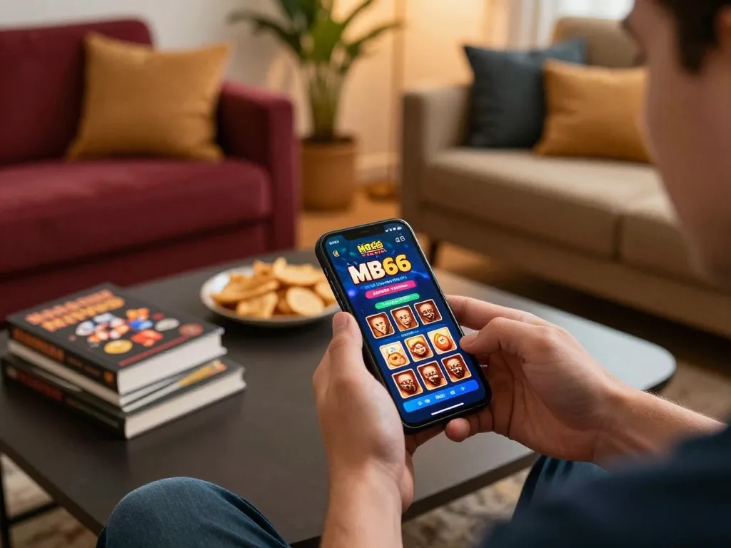 Engaging user experience with the MB66 app during a relaxing home online gaming session.