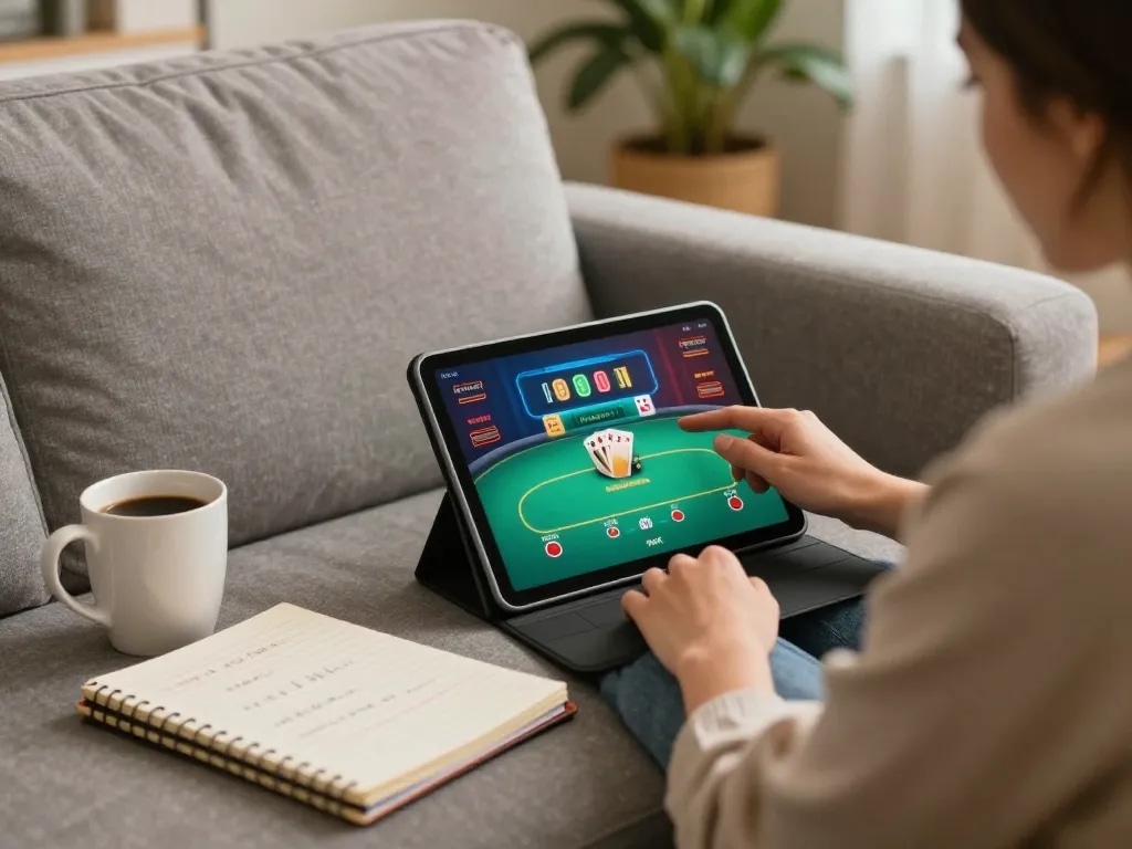 Engaging in online poker gaming with 79King on a cozy sofa, showcasing strategy notes and winnings.