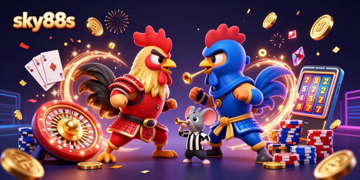 Experience the thrilling duel of sky88s roosters amid cascading coins and vibrant casino elements.
