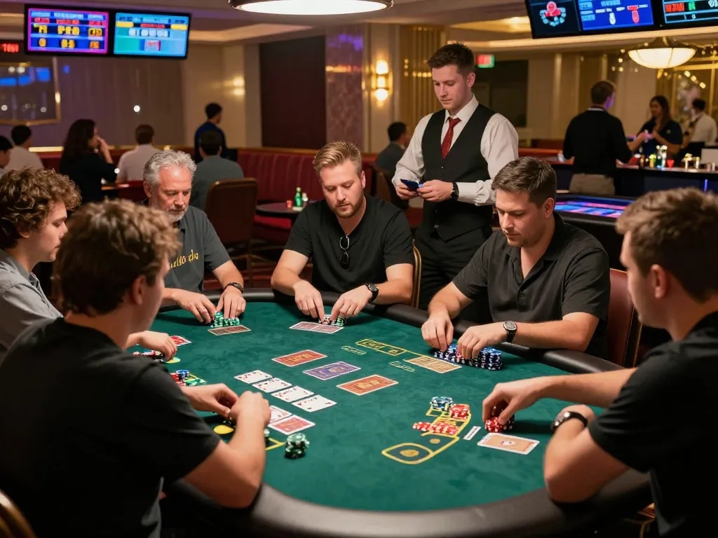 Engaged players at bong99 live casino game with colorful chips and vibrant atmosphere