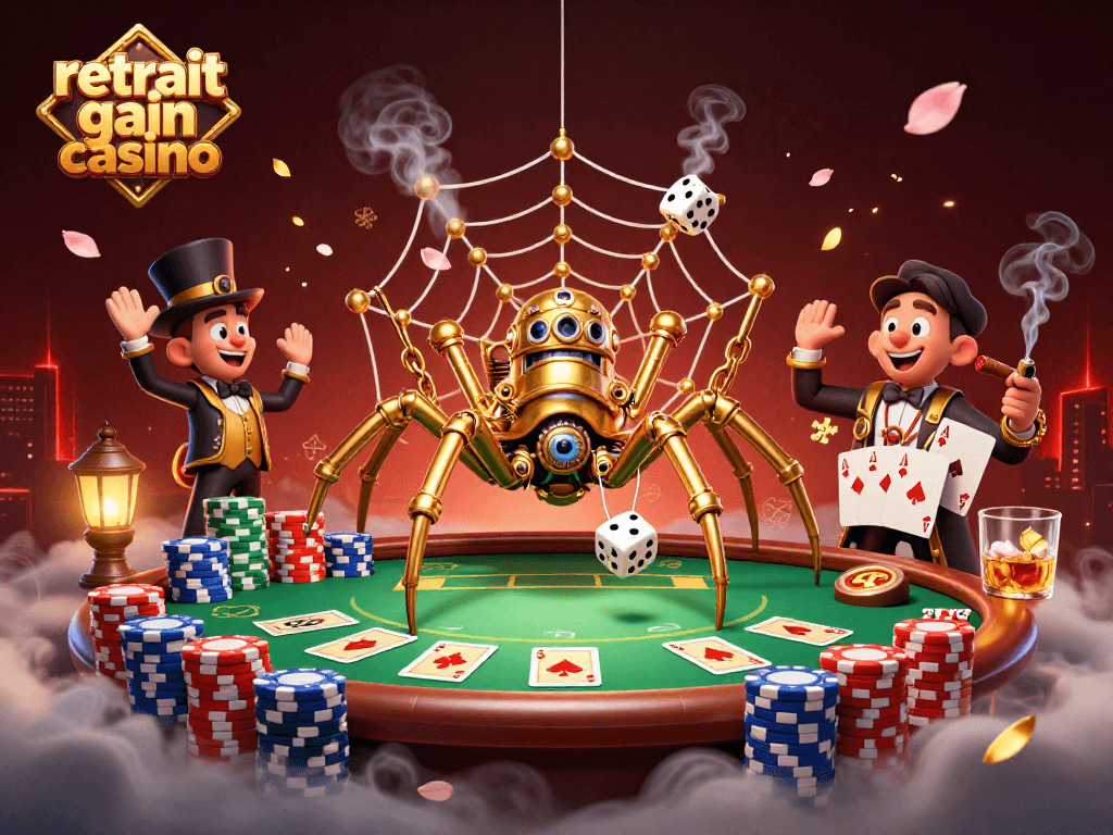 Retrait de gains de casino : Illustration dynamique de jeux avec une araignée steampunk et des jetons de poker.