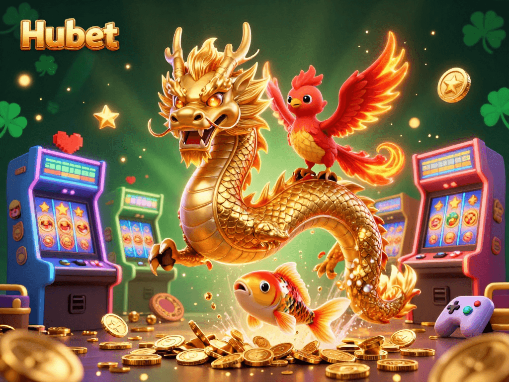 Experience Hubet’s thrilling slot games with vibrant visuals featuring a golden dragon and phoenix.