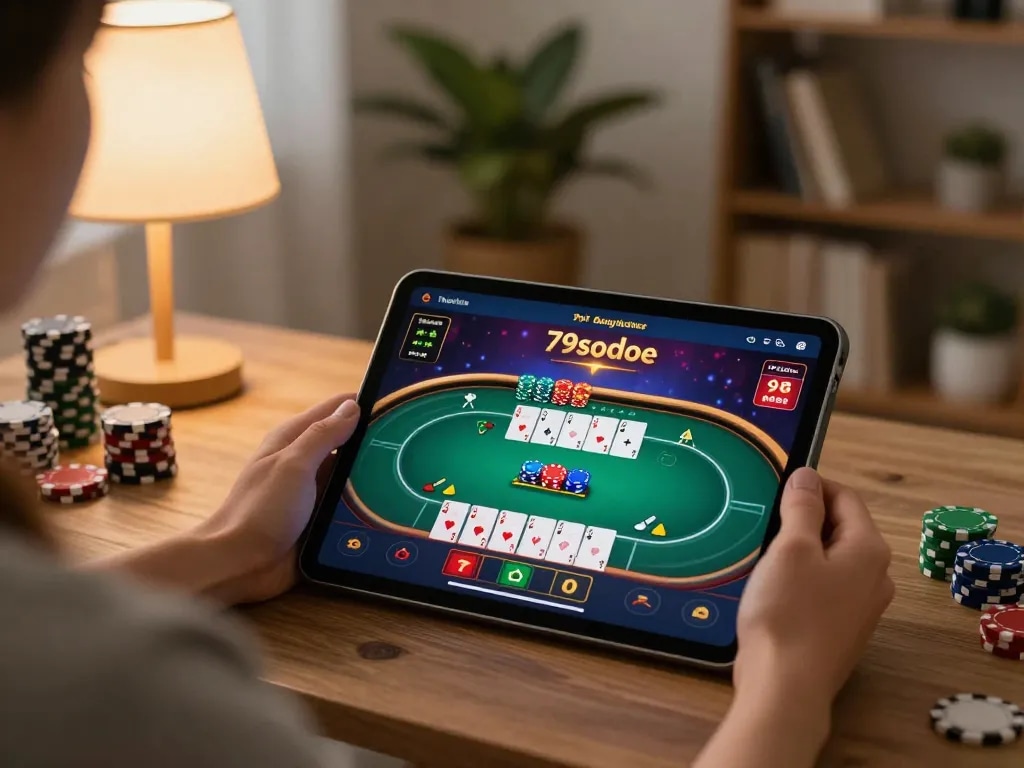 Player engaging with 79sodoe poker game on tablet, showcasing exciting online gaming experience