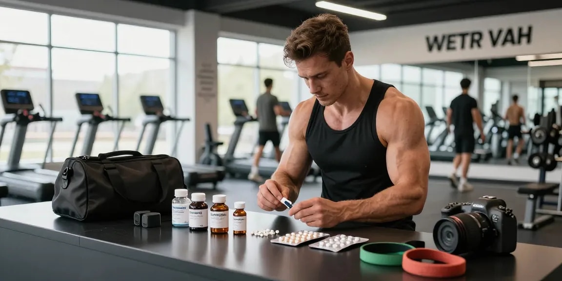 Anabolika Shop showcasing bodybuilding supplements with vials and packs on a gym surface during workout preparation.