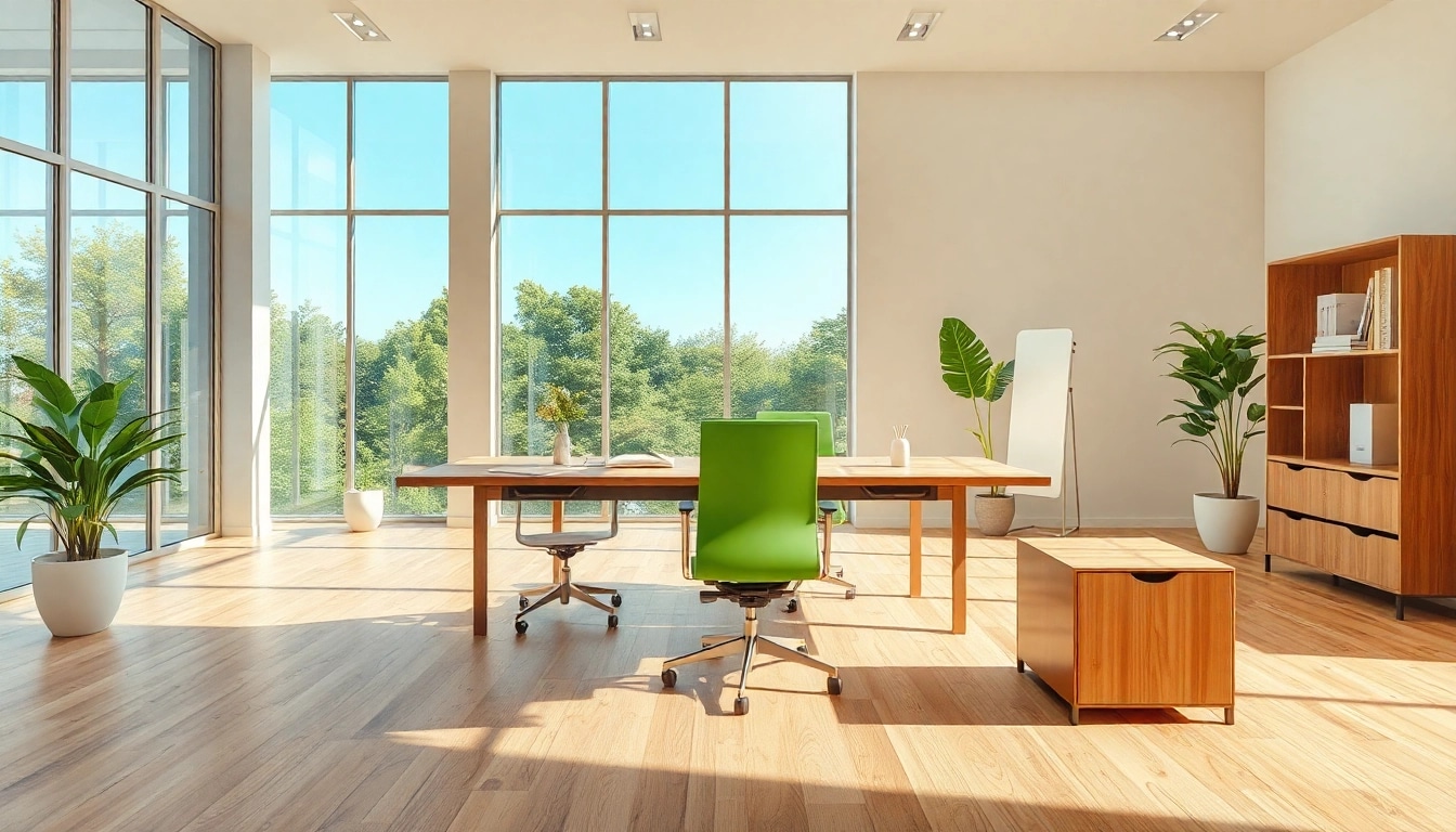 Ein modernes Bürodesign mit stilvollen Büromöbeln, ergonomischen Stühlen und einem eleganten Schreibtisch in einem lichtdurchfluteten Raum.