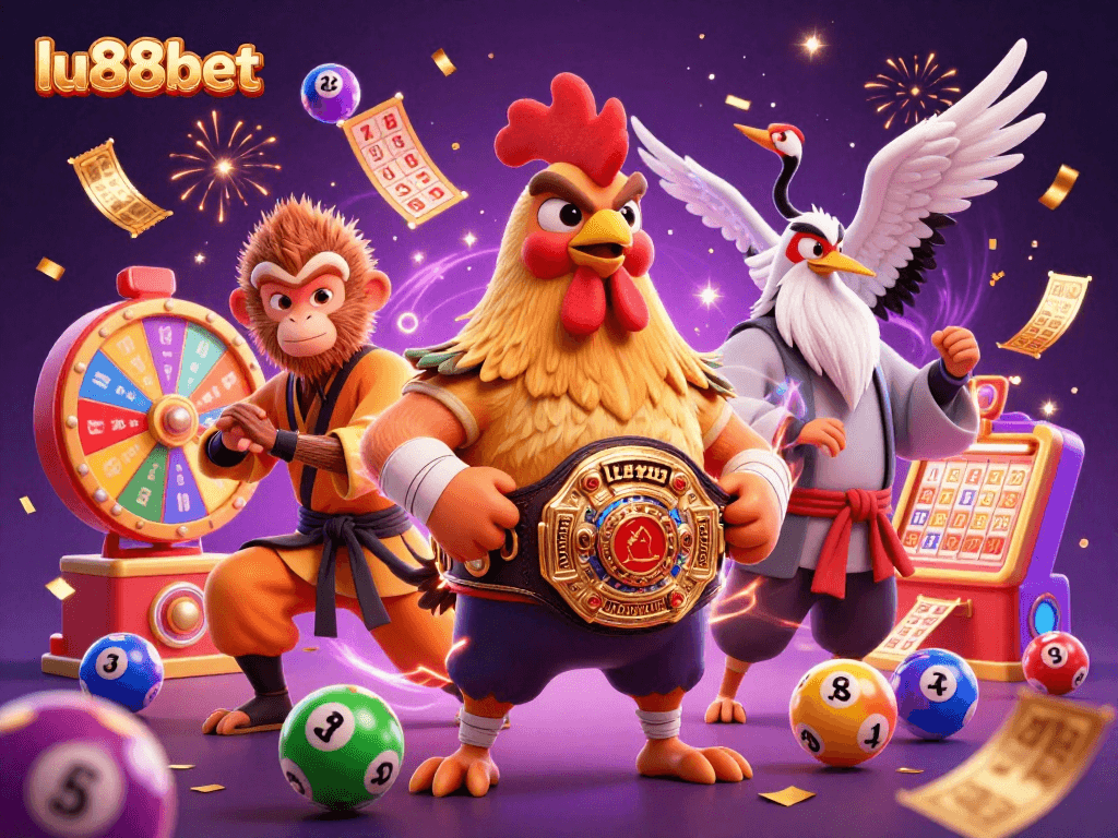 Experience thrilling moments with lu88bet as a Muay Thai rooster and Shaolin monkey celebrate vibrant lottery elements in a dynamic casino scene.