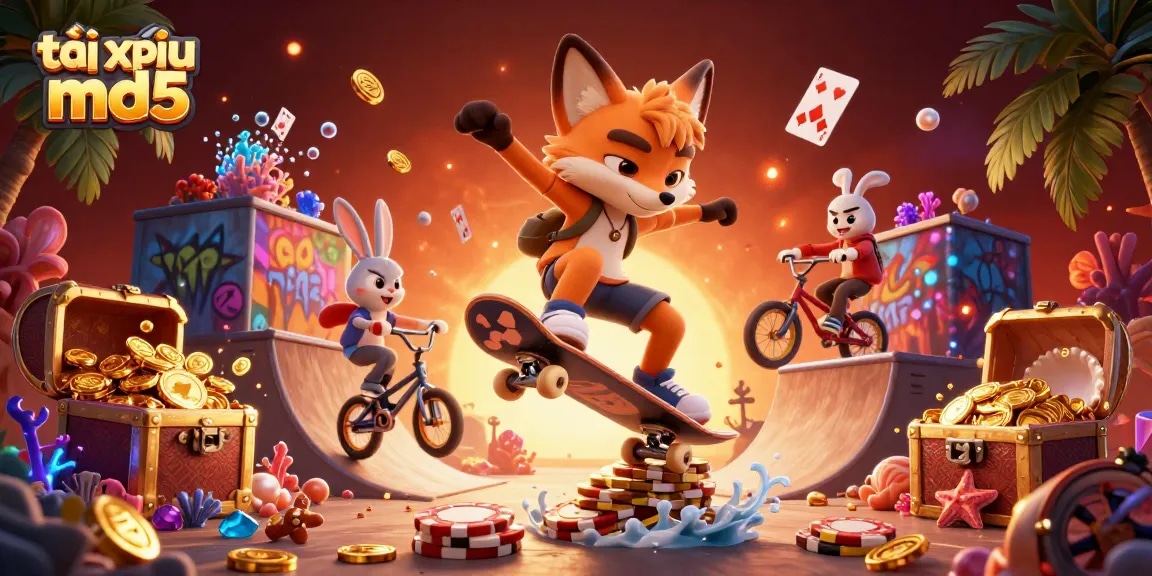 Engage in thrilling tài xỉu md5 action with vibrant characters exploring a treasure-filled casino