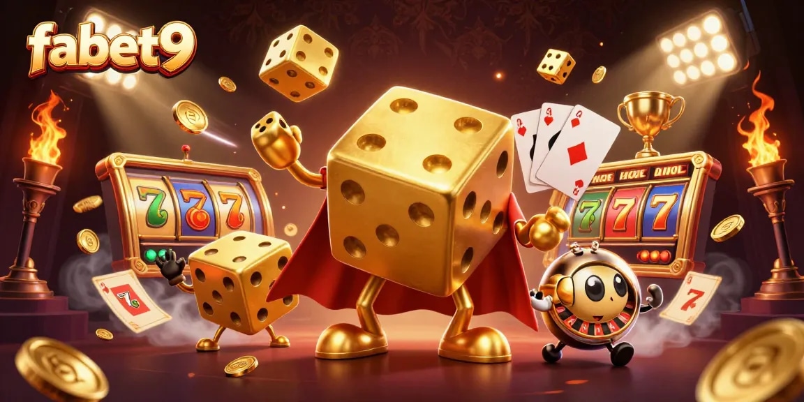 Engage with fabet9 as a golden dice golem juggles reels and coins in a vibrant casino.