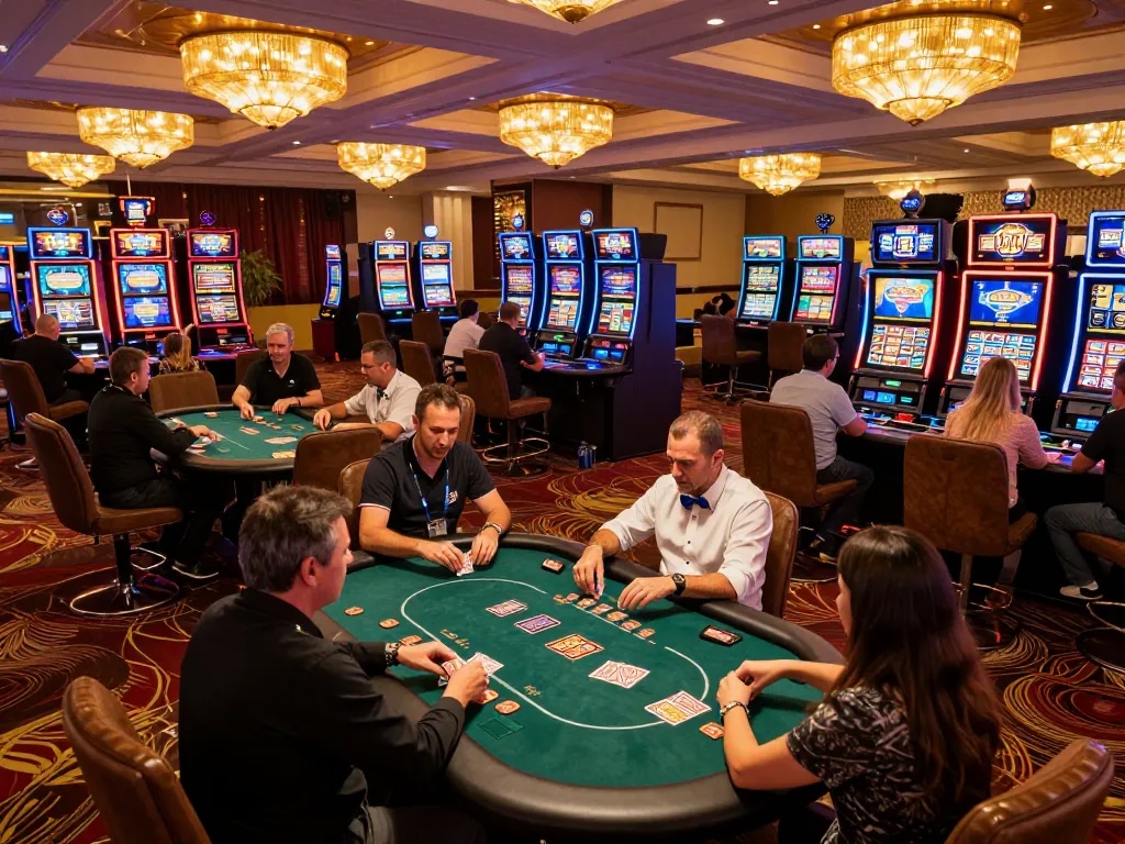 Players at GO8s poker tables competing for big wins in an upscale casino setting