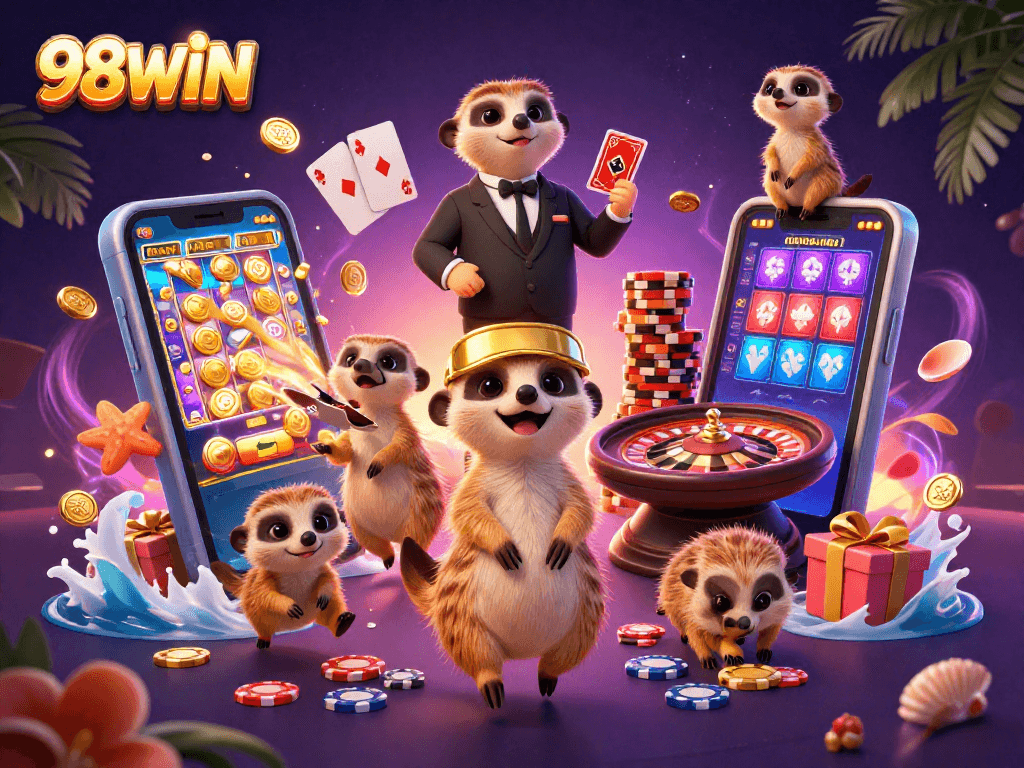 Engage with 98WIN’s thrilling casino experience featuring cheeky meerkats amid vibrant games and rewards.