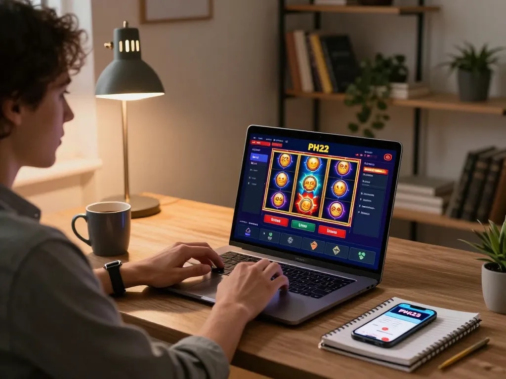 Engaging in strategic online gaming with PH22, showcasing a vibrant casino interface on a laptop in a cozy home setting.