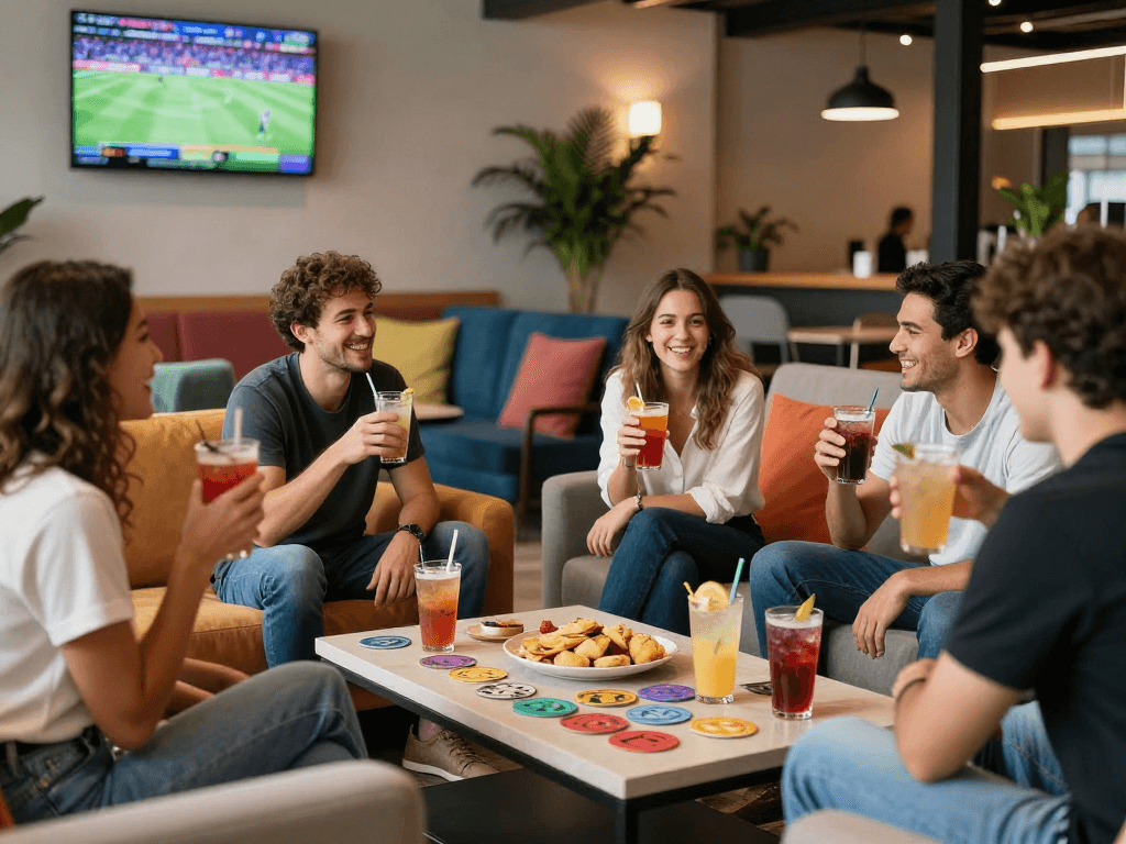 Friends enjoying drinks at a lounge, showcasing rokok88 atmosphere in a vibrant setting.