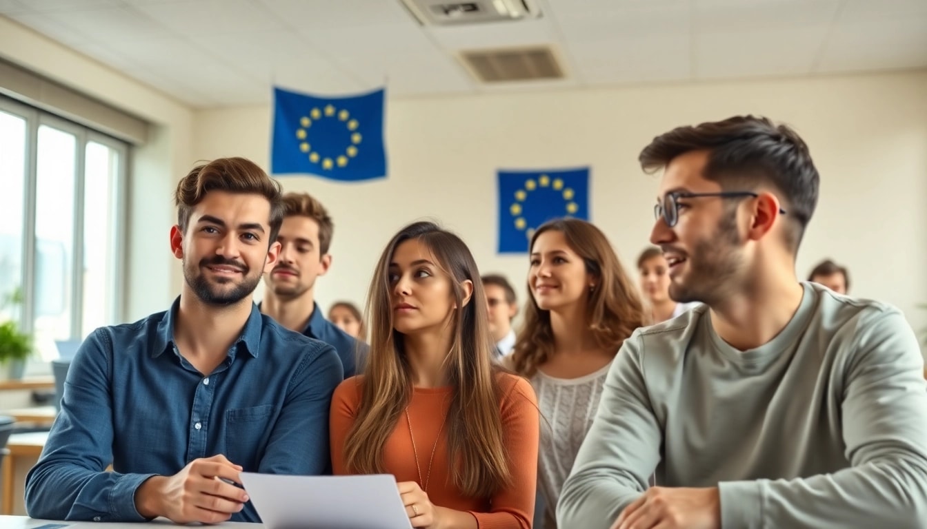 Wissen über die EU testen in einem lebendigen Quiz, das Teilnehmer in einem modernen Klassenzimmer zeigt.