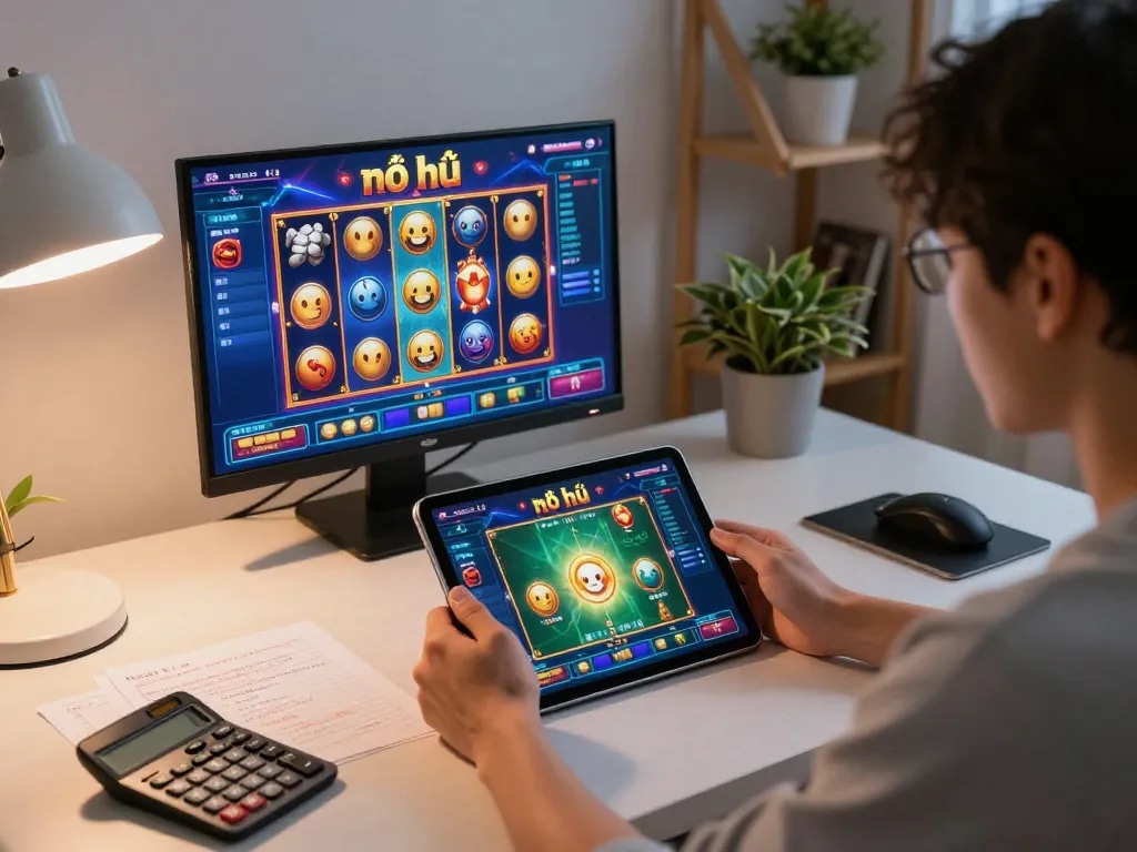 Player analyzing strategies for nổ hũ online game in modern home office setting.