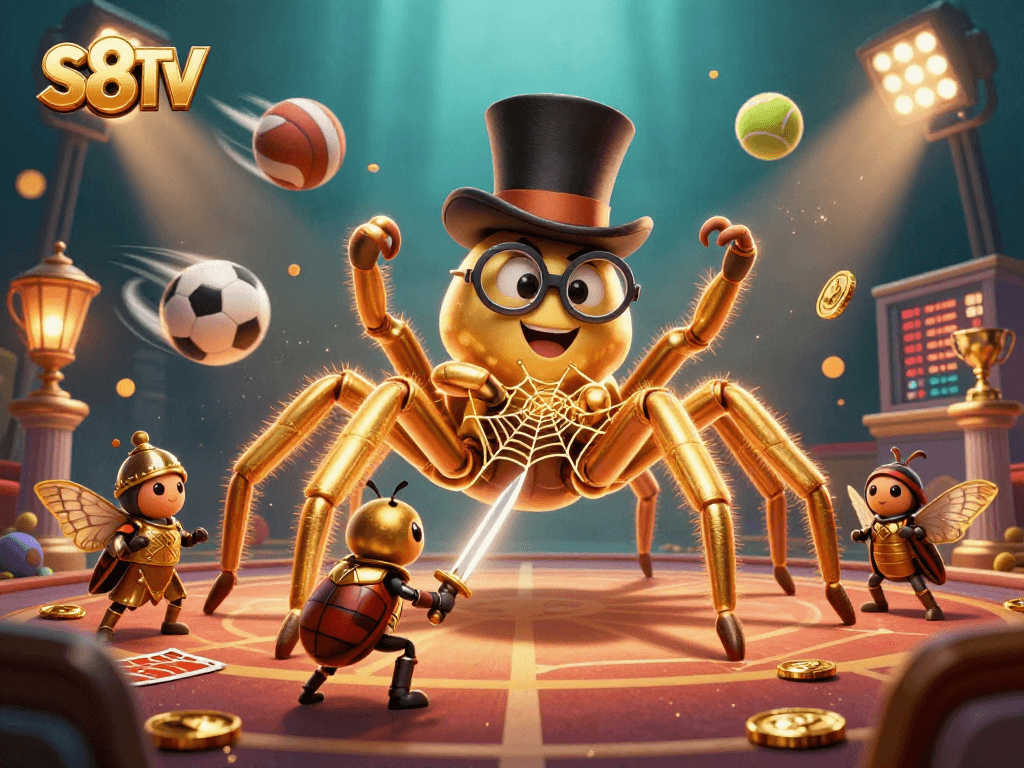 S8TV showcases a dynamic patron scene featuring a golden tarantula and a beetle knight amidst vibrant sports betting elements.